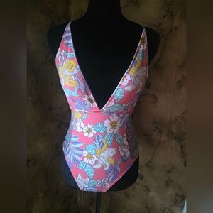 Floral Pink Deep V One-Piece Swimsuit-NEW!